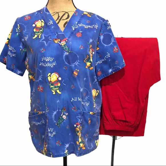 Winnie The Pooh Blue Christmas Scrub Top Red Pants